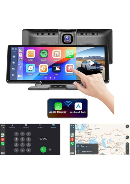 10.26 Inç Taşınabilir Kablosuz Carplay Android Auto Ön Arka Kamera Torpido Multimedya Tak Çalıştır