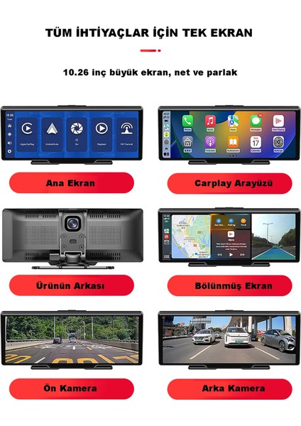 10.26 Inç Taşınabilir Kablosuz Carplay Android Auto Ön Arka Kamera Torpido Multimedya Tak Çalıştır
