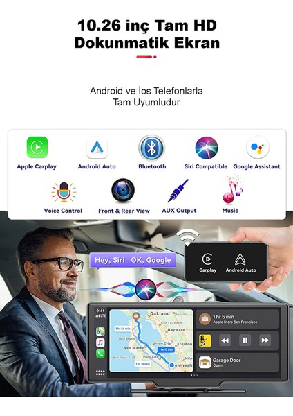 10.26 Inç Taşınabilir Kablosuz Carplay Android Auto Ön Arka Kamera Torpido Multimedya Tak Çalıştır