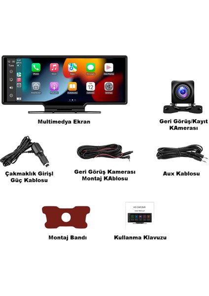 10.26 Inç Taşınabilir Kablosuz Carplay Android Auto Ön Arka Kamera Torpido Multimedya Tak Çalıştır