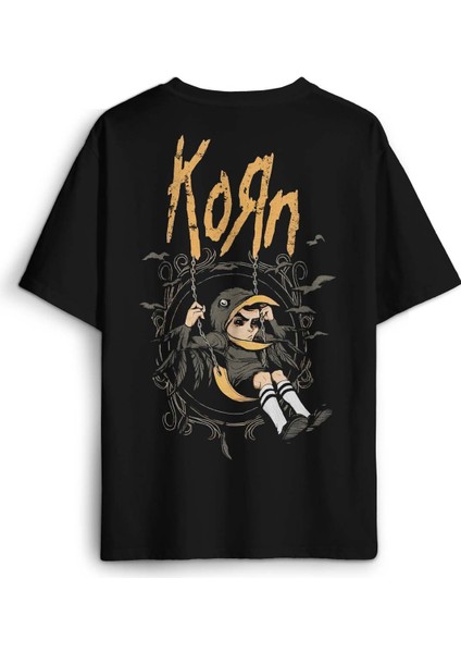 Korn Metal Rock Müzik Sırt Ön Baskılı Oversize Tişört Unisex Siyah T-Shirt