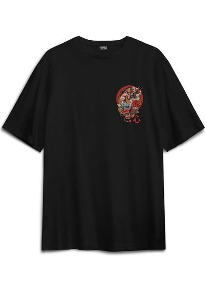 Hannya Mask Oni Japanese Demon Maske Japon Sırt Ön Baskılı Oversize Tişört Unisex T-Shirt