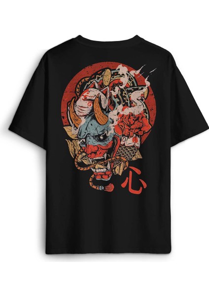 Hannya Mask Oni Japanese Demon Maske Japon Sırt Ön Baskılı Oversize Tişört Unisex T-Shirt fiyatları