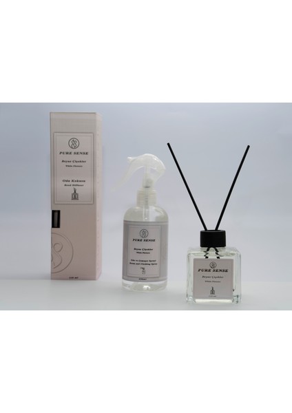 Beyaz Çiçekleri 2'li Oda Kokusu Seti-Çubuklu Oda Kokusu 110 ml & Oda Spreyi 250 ml