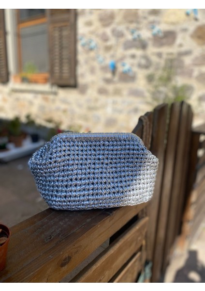 Parlak Simli Metalik Burslu Portföy Clutch Hasır Çanta