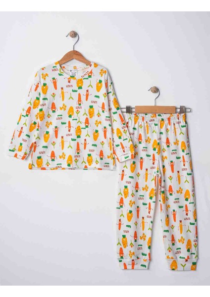 Kız Çocuk Erkek Çocuk Havuç Desenli Uzun Kollu Pijama Takımı