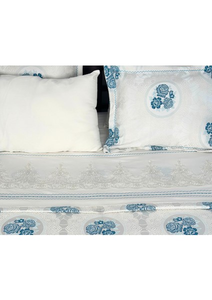 Elegance Mavi Çiçekli Dantelli Yatak Örtüsü Seti -Çift Kişilik Şık ve Modern Tasarım 6 Parça