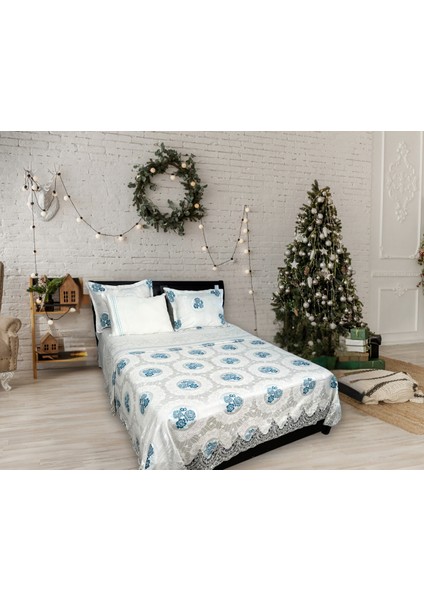 Elegance Mavi Çiçekli Dantelli Yatak Örtüsü Seti -Çift Kişilik Şık ve Modern Tasarım 6 Parça