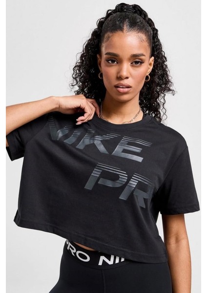 Pro Dri Fit Graphics Loose Fit T-Shirt Kadın Crop Büyük Beden Günlük Tişört Siyah