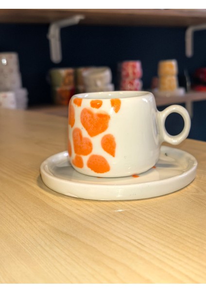 Sevgililer Gününe Özel Üretilmiş Kalp Desenli Seramik Türk Kahve Fincan- Ekspresso Fincanı