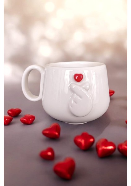Kore Kalp Kırmızı Parmak Kalpli El Yapımı Seramik Mug 200 ml Fincan