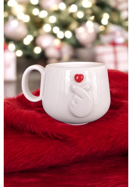 Kore Kalp Kırmızı Parmak Kalpli El Yapımı Seramik Mug 200 ml Fincan