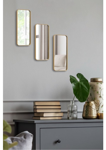 3'lü Dikdörtgen Ayna Duvar Aksesuarı - Sunumluk (Çok Amaçlı) Altın 12X30 cm