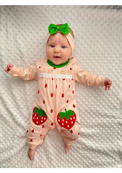 Çilek Nakışlı % 100 Pamuk Kız Bebek Tulumu