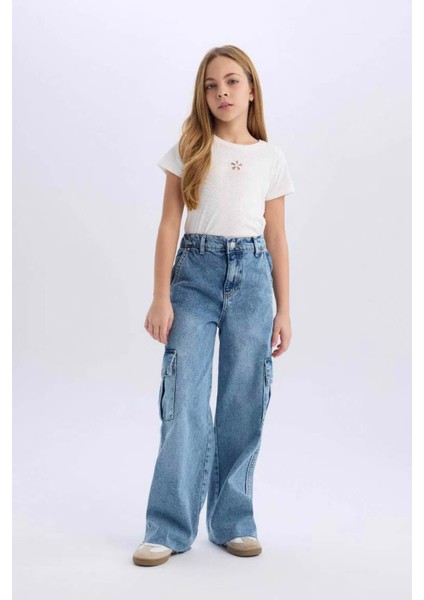 Wide Leg Kargo Geniş Bol Paça Mavi Kız Çocuk Jean Pantolon D7089A8/NM39