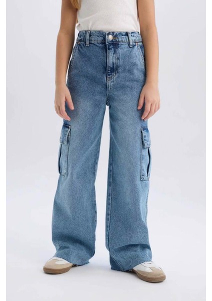 Wide Leg Kargo Geniş Bol Paça Mavi Kız Çocuk Jean Pantolon D7089A8/NM39