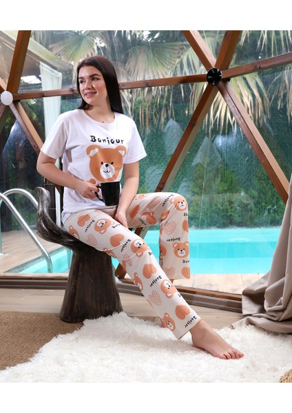 Penye Baskı Detaylı Kısa Kol Kadın Ikili Pijama Takımı VG135