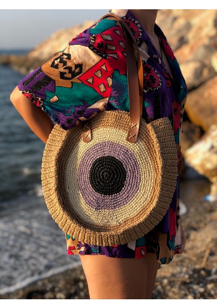 Nazar Boncuklu Deri Saplı Hasır El Yapımı Çanta