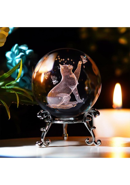Dekoratif Metal Ayaklı Kedi Tasarımlı 3D Cam Küre 6cm