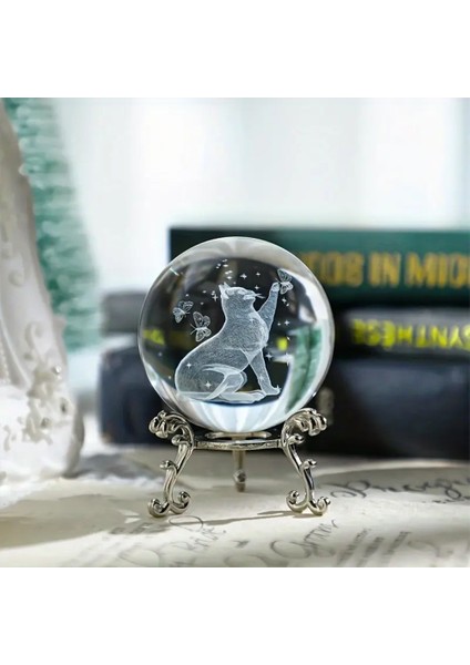 Dekoratif Metal Ayaklı Kedi Tasarımlı 3D Cam Küre 6cm modelleri