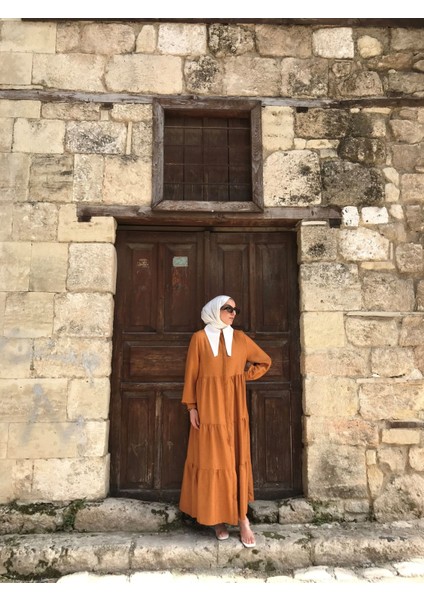 Büzgülü Hardal Rengi Elbise