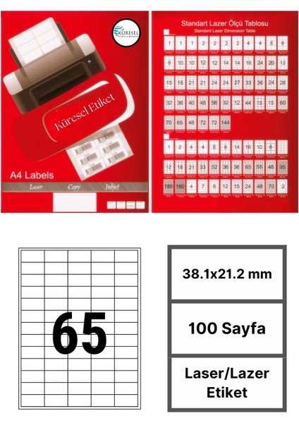 Laser Etiket | 38.1X21.2 mm | No: 65 | 100 Sayfa | Lazer Etiket