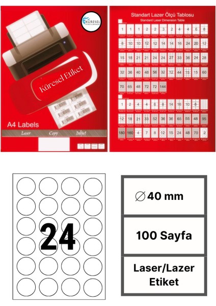 Laser Etiket | 40 mm | No: 24 | 100 Sayfa | Lazer Etiket | Yuvarlak Kenar