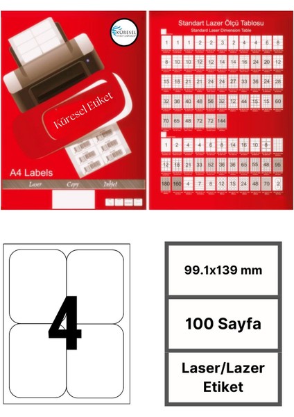Laser Etiket | 99.1X139 mm | No: 4 | 100 Sayfa | Lazer Etiket | Yuvarlak Kenar
