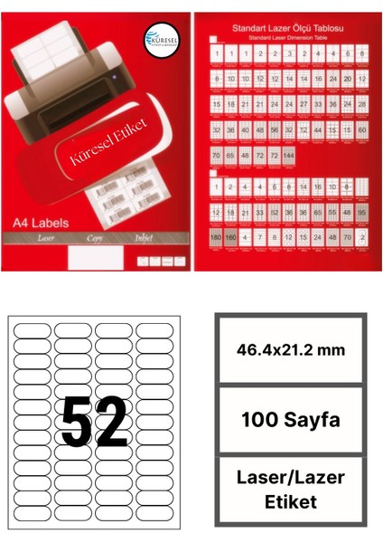 46.4x21.2mm Lazer Etiket | 1 Paket | 100 Sayfa | No: 52 | Ofis, Ambalaj, Etiketleme | Yapışkanlı