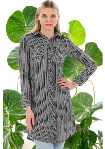 Kadın Siyah Uzun Kol Çift Cepli Çizgili Gömlek Elbise - Tesettüre Uygun