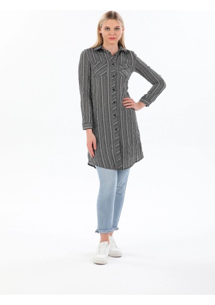 Kadın Siyah Uzun Kol Çift Cepli Çizgili Gömlek Elbise - Tesettüre Uygun fiyatları