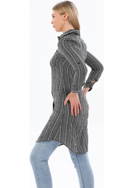 Kadın Siyah Uzun Kol Çift Cepli Çizgili Gömlek Elbise - Tesettüre Uygun modelleri