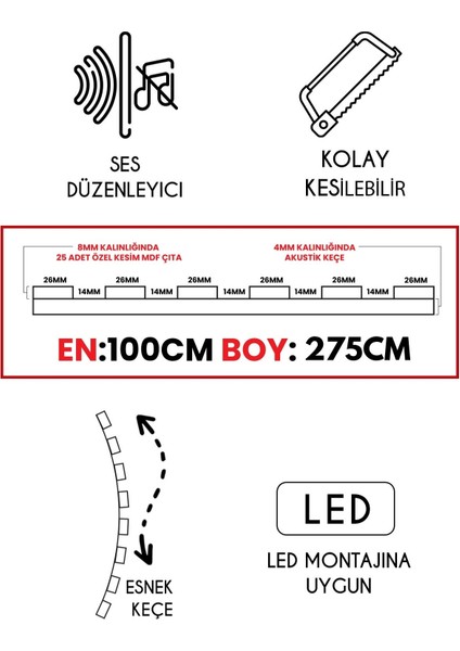 Mdf Ahşap Akustik Duvar Paneli - 100 x 275 cm - Krem