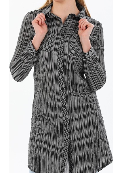 Kadın Siyah Uzun Kol Çift Cepli Çizgili Gömlek Elbise - Tesettüre Uygun fırsatları
