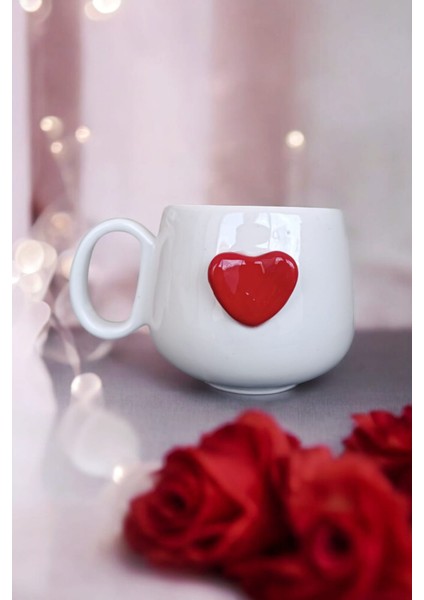 One Love One Heart - Kırmızı Büyük Kalpli El Yapımı Seramik Mug 200 ml Fincan fiyatları