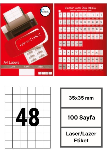 35x35mm Lazer Etiket | 1 Paket | 100 Sayfa | No: 48 | Ofis, Ambalaj, Etiketleme | Yapışkanlı