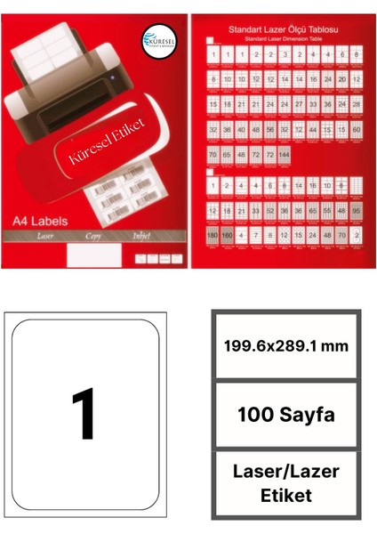 Laser Etiket | 199.6X289.1 mm | No: 1 | 100 Sayfa | Lazer Etiket | Yuvarlak Kenar