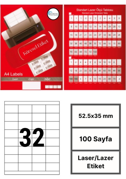 52.5x35mm Lazer Etiket | 1 Paket | 100 Sayfa | No: 32 | Ofis, Ambalaj, Etiketleme | Yapışkanlı