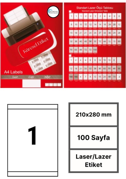 210x280mm Lazer Etiket | 1 Paket | 100 Sayfa | No: 1 | Ofis, Ambalaj, Etiketleme | Yapışkanlı