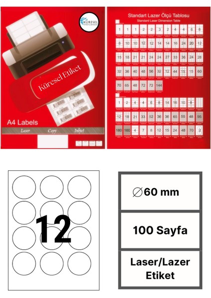 Laser Etiket | 60 mm | No: 12 | 100 Sayfa | Lazer Etiket | Yuvarlak Kenar