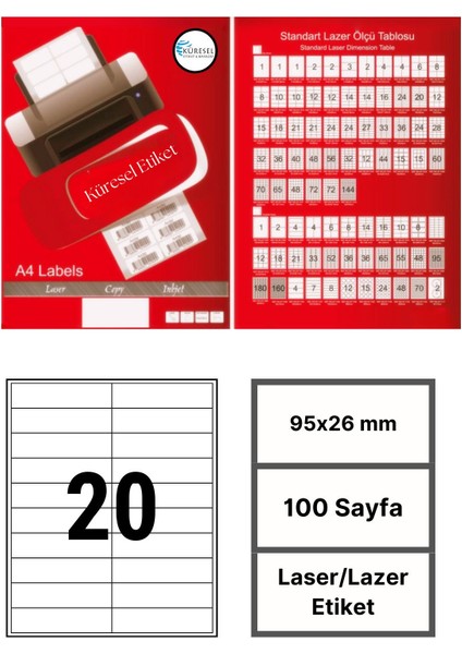 95x26mm Lazer Etiket | 1 Paket | 100 Sayfa | No: 20 | Ofis, Ambalaj, Etiketleme | Yapışkanlı