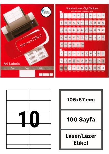 105x57mm Lazer Etiket | 1 Paket | 100 Sayfa | No: 10 | Ofis, Ambalaj, Etiketleme | Yapışkanlı