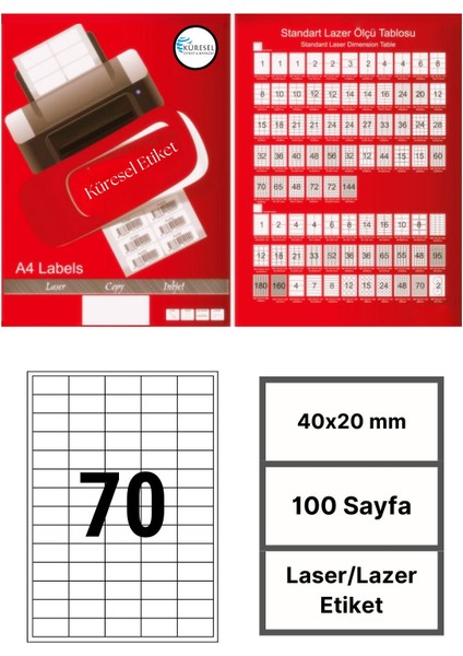 40x20mm Lazer Etiket | 1 Paket | 100 Sayfa | No: 70 | Ofis, Ambalaj, Etiketleme | Yapışkanlı