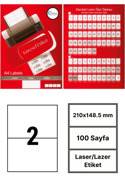 210x148.5mm Lazer Etiket | 1 Paket | 100 Sayfa | No: 2 | Ofis, Ambalaj, Etiketleme | Yapışkanlı