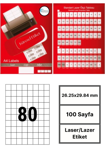26.25x29.84mm Lazer Etiket | 1 Paket | 100 Sayfa | No: 80 | Ofis, Ambalaj, Etiketleme | Yapışkanlı