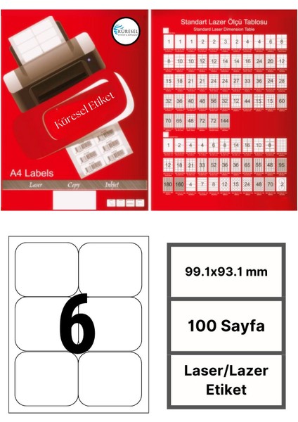 Laser Etiket | 99.1X93.1 mm | No: 6 | 100 Sayfa | Lazer Etiket | Yuvarlak Kenar