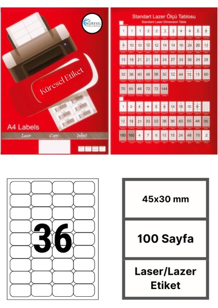 Laser Etiket | 45X30 mm | No: 36 | 100 Sayfa | Lazer Etiket | Yuvarlak Kenar