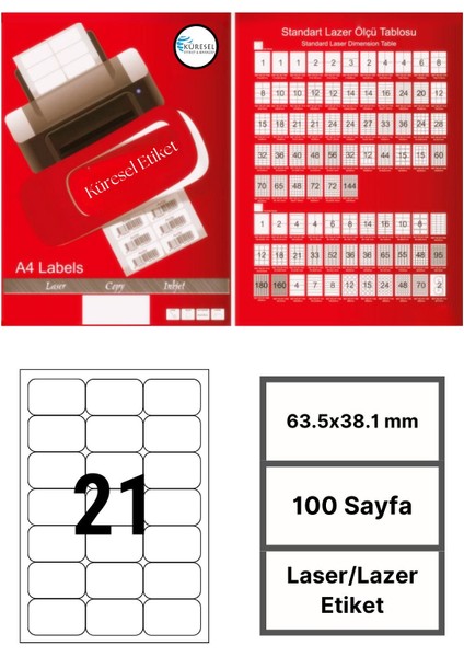 Laser Etiket | 63.5X38.1 mm | No: 21 | 100 Sayfa | Lazer Etiket | Yuvarlak Kenar