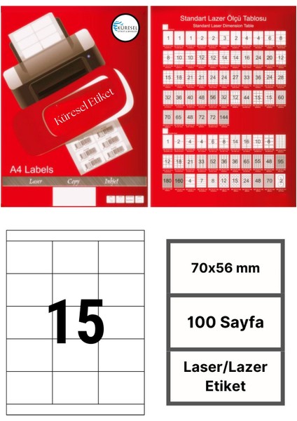 Laser Etiket | 70X56 mm | No: 15 | 100 Sayfa | Lazer Etiket