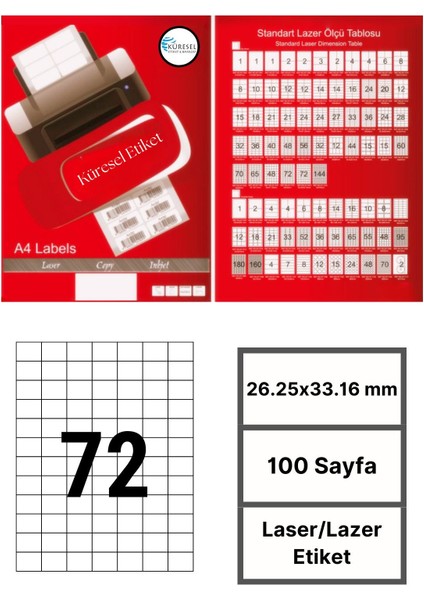 Laser Etiket | 26.25X33.16 mm | No: 72 | 100 Sayfa | Lazer Etiket